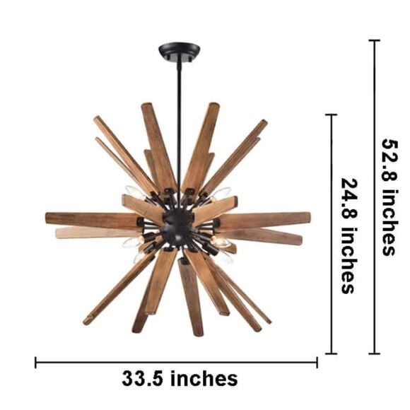 JOJOSPRING Bernice 8-Light Antique Blk Iron Base Sputnik Natural Wood Chandelier - Picture 2 of 13